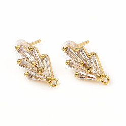 Golden Brass Stud Earring Findings, with Loops, Clear Cubic Zirconia and Ear Nuts, Grass, Golden, 14.2x7.5mm, Hole: 1mm, Pin: 0.8mm