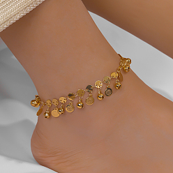  Подвеска-колокольчик из латуни в пляжном стиле, плоские круглые браслеты с подвесками, регулируемый браслет на лодыжку, реальный 18 k позолоченный