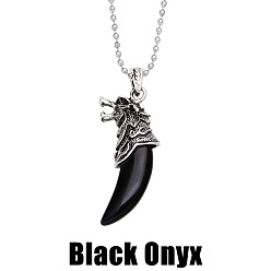 Black Onyx Vintage Wolf Fang Pendant Men's Necklace with Crystal Agate Accents - NKB607