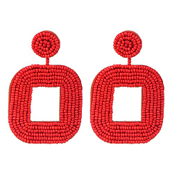 Red Boho Geometric Double-Sided Beaded Earrings with Handmade Ethnic Flair