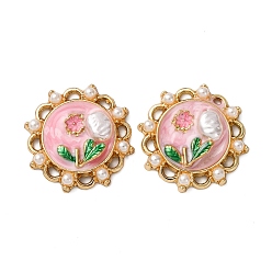 Pink Подвески из эмалевого сплава легкого золота, с ABS имитации жемчуга, плоский круглый с цветными чарами, стойки покрытие, розовые, 25x25x6 мм, отверстие : 2.5x1.5 мм