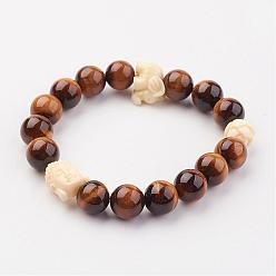 Tigerauge Natürliches Tigerauge Perle Stretch-Armbänder, mit Kunst Korallen, 2-1/4 Zoll (53~55 mm)