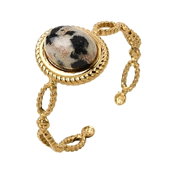 Dalmatian Jasper 304 Stainless Steel Cuff Open Rings for Women, Oval, with Natural Dalmatian Jasper, Ion Plating(IP), Golden, 11.5mm, Inner Diameter: 17mm