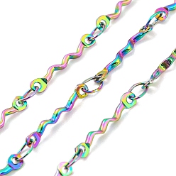 Rainbow Color Ion Plating(IP) 304 Stainless Steel Wave Bar Link Chains, Soldered, with Spool, Rainbow Color, 12.5x2x1.2mm, 4x2.5x0.4mm, about 32.81 Feet(10m)/Roll