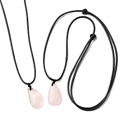 Розовый Кварц Подвеска-слезинка из натурального розового кварца, регулируемые ожерелья из черного вощеного шнура, 14.96~29.53 дюйм (38~75 см)