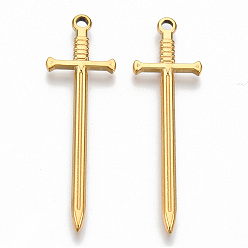 Real 18K Gold Plated 304 Stainless Steel Pendants, Sword Charm, Real 18K Gold Plated, 45x13.5x2mm, Hole: 1.8mm