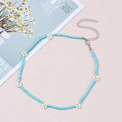 Lake Blue Boho Flower Beaded Necklace Handmade Ethnic Jewelry for Women