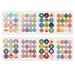 Colorful 16 Sheets 8 Styles Paper Easter Stickers, Adhesive Labels Stickers, Gift Tag, for Envelopes, Party, Presents Decoration, Flat Round with Easter Egg & Word Pattern, Colorful, 180x130mm, Sticker: 37x37mm, 2 sheets/style