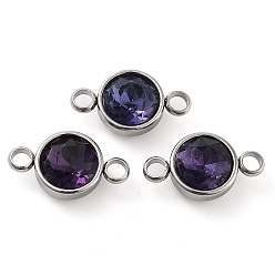 Dark Indigo Glass Connector Charms, Faceted, Flat Round Links, with Stainless Steel Color Tone 304 Stainless Steel Findings, Dark Indigo, 17.5x10x6.5mm, Hole: 2.5mm