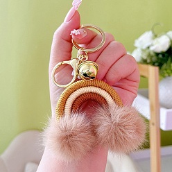 Rosy Brown Cotton Rainbow Keychain with Artificial Fur Ball, Pom Pom Bell Key Chain, Rosy Brown, 11.3cm, Pendant: 54x83mm
