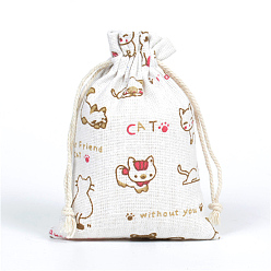 Cat Shape Linenette Drawstring Bags, Rectangle, Cat Pattern, 18x13cm