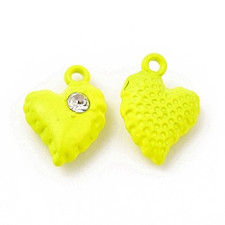 Yellow Spray Painted Alloy Pendants, with Rhinestone, Heart Charm, Yellow, 14x10x5mm, Hole: 1.2mm