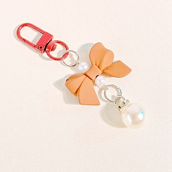 Orange Macaron Color Plastic Bowknot and Round Pendant Keychain, with Clasp, Orange, 90mm