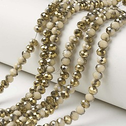 Linen Electroplate Opaque Glass Beads Strands, Half Golden Plated, Faceted, Rondelle, Linen, 8x6mm, Hole: 1mm, about 72pcs/strand, 16.14 inch(41cm)