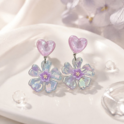 Thistle Acrylic Stud Dangle Earrings for Women, Flower & Heart, Thistle, 50x30mm