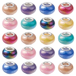 Mixed Color Opaque Resin European Beads, Large Hole Beads, Imitation Porcelain, with Platinum Tone Brass Double Cores, AB Color, Rondelle, Mixed Color, 14x9mm, Hole: 5mm