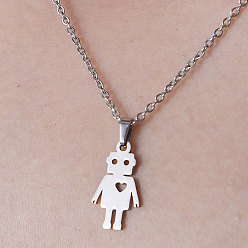 Stainless Steel Color 201 Stainless Steel Robot with Heart Pendant Necklace, Stainless Steel Color, 450mm