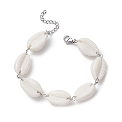 White Acrylic Shell Bead Link Anklets for Women, with 304 Stainless Steel Lobster Claw Clasp, White, 7-5/8 inch(19.5cm)
