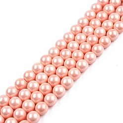 Light Salmon Electroplated Shell Pearl Beads Strands, Polished, Round, Light Salmon, 8.5mm, Hole: 1mm, about 48~49pcs/strand, 15.55 inch(39.5cm)