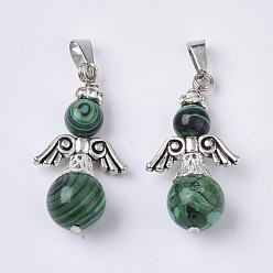 Malachite Synthetic Malachite Pendants, with Alloy Findings, Rhinestone and Stainless Steel Snap on Bails, Angel, Antique Silver, Dyed, 36.5~39x19.5~20x12~12.5mm, Hole: 8x3mm