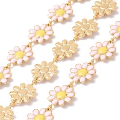Lavender Blush 304 Stainless Steel Daisy Flower Link Chains with Enamel, Unwelded, Golden, Lavender Blush, 14x10x1mm