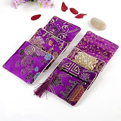 Purple Square Chinese Style Brocade Zipper Bags with Tassel, for Bracelet, Necklace, Random Pattern, Purple, 11.5x11.5cm