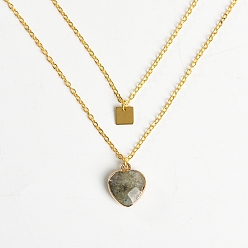 Labradorite Golden Alloy Double Layer Necklace, Natural Labradorite  Heart & Alloy Square Tag Pendants Necklace, Pendant: 15mm