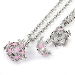 Pearl Pink Brass Enamel Pendant Necklaces, Iron Rolo Chains, Round with Star Pattern, Pearl Pink, 31.69 inch(805mm)