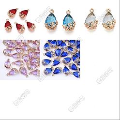 Couleur Mélangete 5 pcs 5 couleurs pendentifs en verre transparent, pour le bricolage fabrication de bijoux, avec les accessoires en laiton, facette, goutte d'eau avec fleur, or et de lumière, couleur mixte, 16x9x6mm, Trou: 1.2~1.4mm, 1 pc / couleur