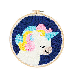 Unicorn DIY Rainbow Theme Punch Embroidery Kits, Including Printed Cotton Fabric, Embroidery Thread & Needles, Imitation Bamboo Embroidery Hoops, Unicorn Pattern