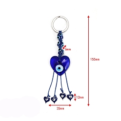 Blue Heart with Evil Eye Glass Pendant Keychains, with Metal Finding and Tassel, for Bag Car Key Decoration, Blue, 15.5x3.5cm