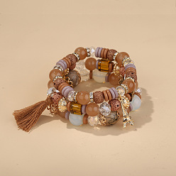 B0252-Coffee Fashionable Tassel Eiffel Tower Pendant Bracelet Set - Stunning Jewelry Combination
