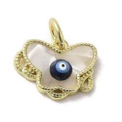 Black Evil Eye Enamel Shell Brass Butterfly Charms with Jump Rings, Real 18K Gold Plated, Black, 11.5x15x3mm, Hole: 3.8mm