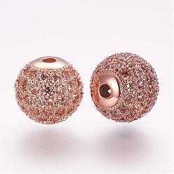 Rose Gold Brass Micro Pave Cubic Zirconia Beads, Round, Rose Gold, 10mm, Hole: 2mm
