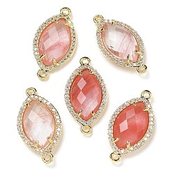 Вишневый Кварц Подвески-коннекторы из вишневого кварцевого стекла с граненым конским глазом, покрытие стойки латунное микропаве прозрачные звенья кубического циркония, золотые, 26.5~27x14x5 мм, отверстие : 1.6 мм