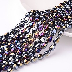 Black Electroplate Glass Beads Strands, AB Color Plated, Faceted Teardrop, Black, 7x5mm, about 65~67pcs/strand, 18~18.5 inch(45.5~46.9cm)