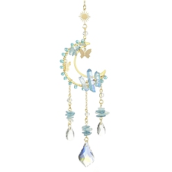 Aquamarine Brass Cable Chains Pendant Decorations, Natural Gemstones and Glass Charms, for Home Decorations, 296mm