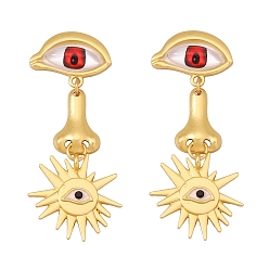 Red Golden Zinc Alloy Dangle Stud Earrings, Eye & Nose & Sun Long Drop Earrings, Red, 64x27mm