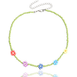 Green Bohemian 3mm Colorful Beaded Soft Clay Flower Necklace for Women - Handmade Fashion Jewelry