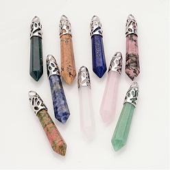 Mixed Stone Natural Gemstone Big Pointed Pendants, Bullet, with Platinum Tone Alloy Findings, 57~62x9~10mm, Hole: 4x5mm