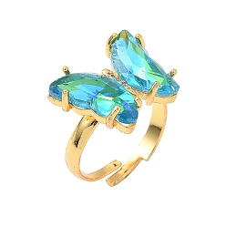 Темно-бирюзовый Регулируемые латунные пальцевые кольца, с четким кубического циркония, бабочка, золотые, темные бирюзовый, Размер 7, внутренний диаметр: 17 мм