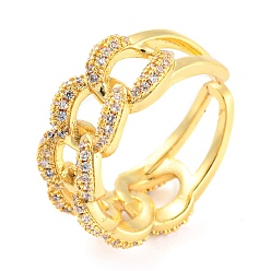Real 18K Gold Plated Curb Chains Shape Brass Open Cuff Rings with Cubic Zirconia, Lead Free & Cadmium Free, Real 18K Gold Plated, Inner Diameter: 17.4mm