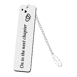 Heart Rectangle with Quote On To The Next Chapter Bookmark, Stainless Steel Bookmark, Feather Pendant Bookmark with Long Chain, Heart Pattern, 120x30mm