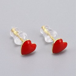Red Brass Enamel Stud Earrings, with Plastic Ear Nuts, Long-Lasting Plated, Heart, Real 18K Gold Plated, Red, 6x6.5mm, Pin: 1mm