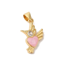 Pink Стойки обшивки латунь кубического циркония подвески, с эмалью и ракушкой, долговечный, без свинца и без кадмия, реальный 18 k позолоченный, птица с сердцем, розовые, 18x12x3 мм, отверстие : 5x4 мм