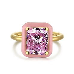Pink 925 Sterling Silver Rings, Birthstone Ring, Real 18K Gold Plated, with Enamel & Cubic Zirconia for Women, Rectangle, Pink, US Size 6(16.5mm)