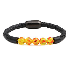 amber Stainless Steel Magnetic Clasp Leather Bracelet - European and American Men's Emperor Stone Bead Bracelet