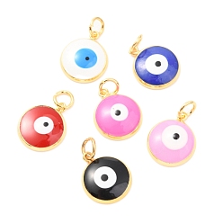 Mixed Color Brass Enamel Pendants, Real 18K Gold Plated, Long-Lasting Plated, with Jump Ring, Flat Round with Evil Eye, Mixed Color, 16.5x14x3.5mm, Hole: 4mm, Jump Ring:  6x1mm