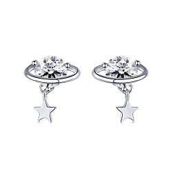 Real Platinum Plated Rhodium Plated 925 Sterling Silver Micro Pave Cubic Zirconia Ear Studs for Women, Star Dangle Earrings with S925 Stamp, Real Platinum Plated, 9x8.5mm