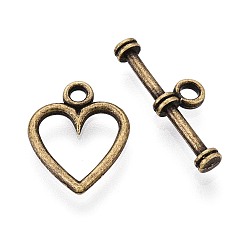 Античная Бронза Сплавочные застежка тоггл тибетского стиля, без кадмия и без свинца, сердце, античная бронза, Сердце: 14x12 mm, отверстие : 1.5 мм, бар: 19 mm, отверстие : 1.5 мм, о 1250 комплектов / 1000 г